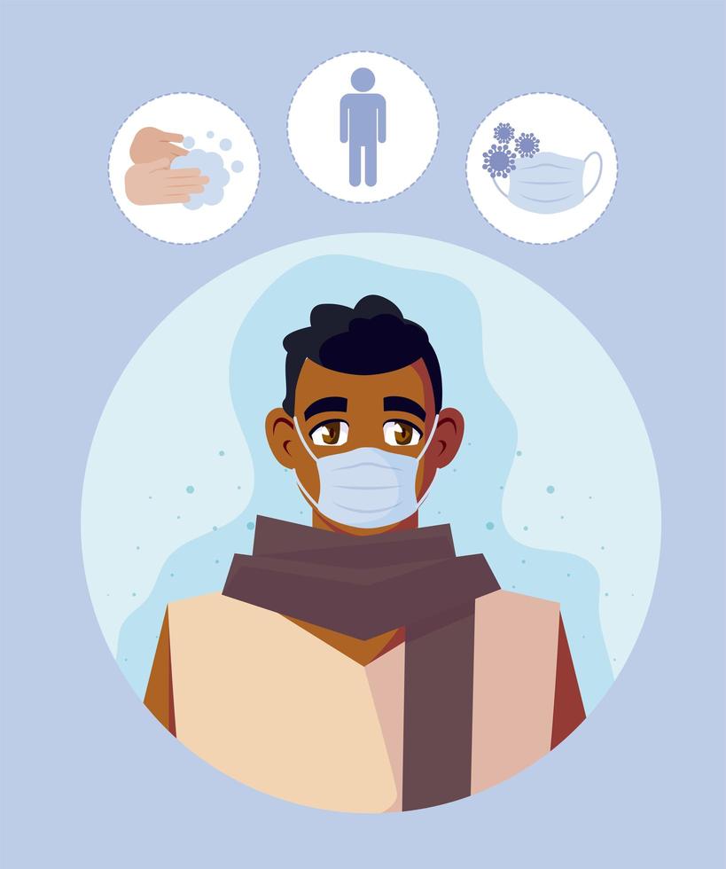 man met medisch masker en covid 19 iconen vector design