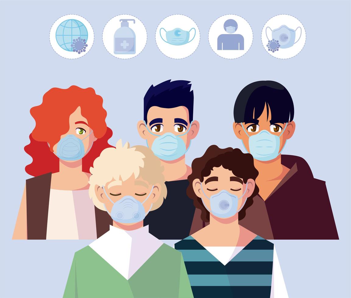 vrouw en mannen met maskers en covid 19 icon set vector design