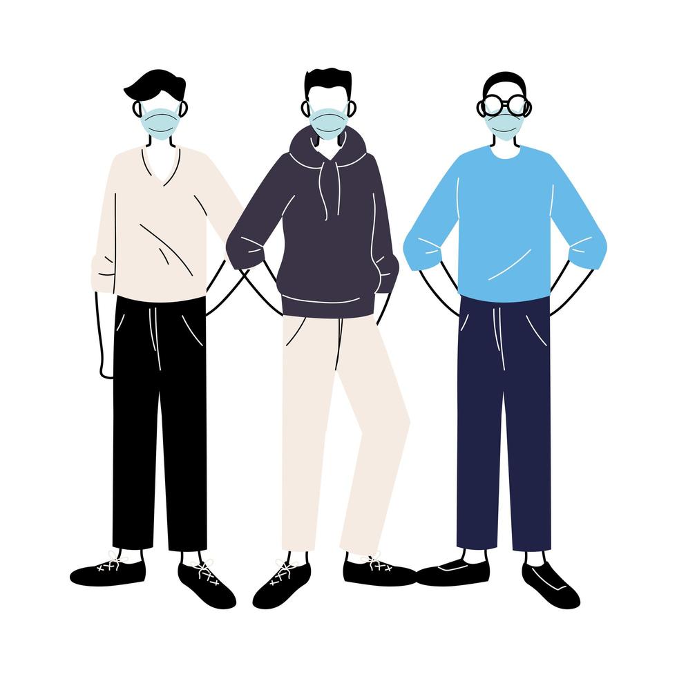 jonge mannen met medische maskers die zich op witte achtergrond bevinden vector