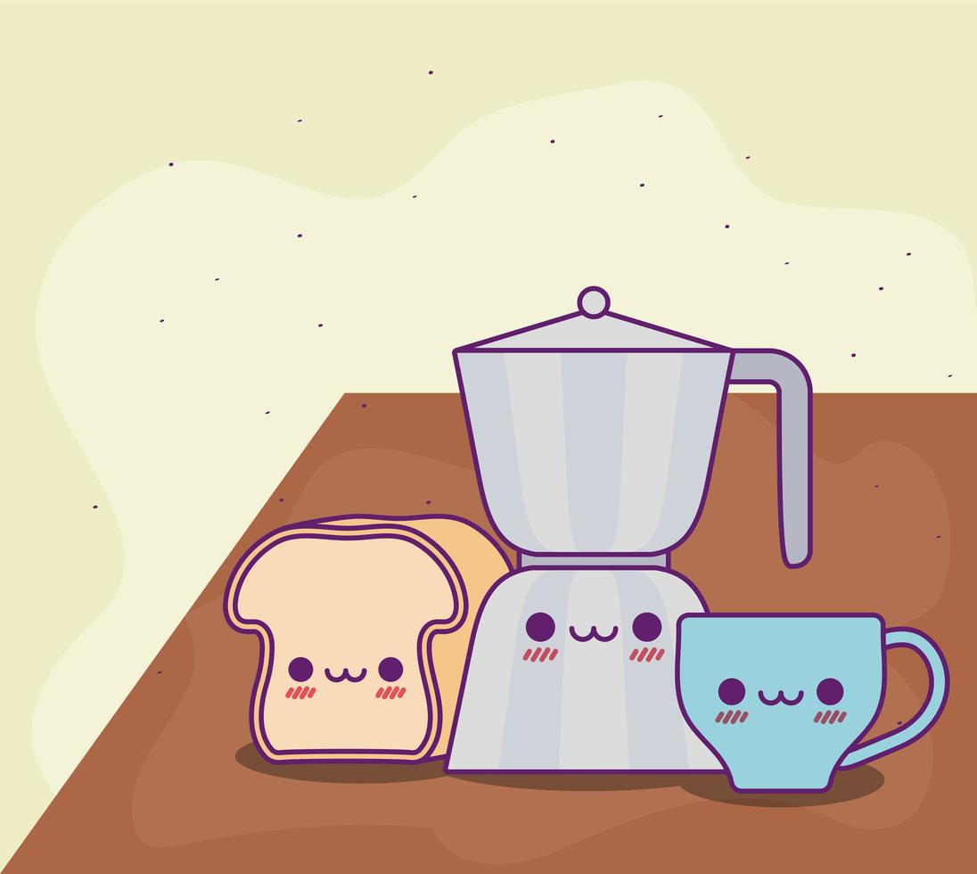 kawaii theeketel brood en koffiemok vector ontwerp
