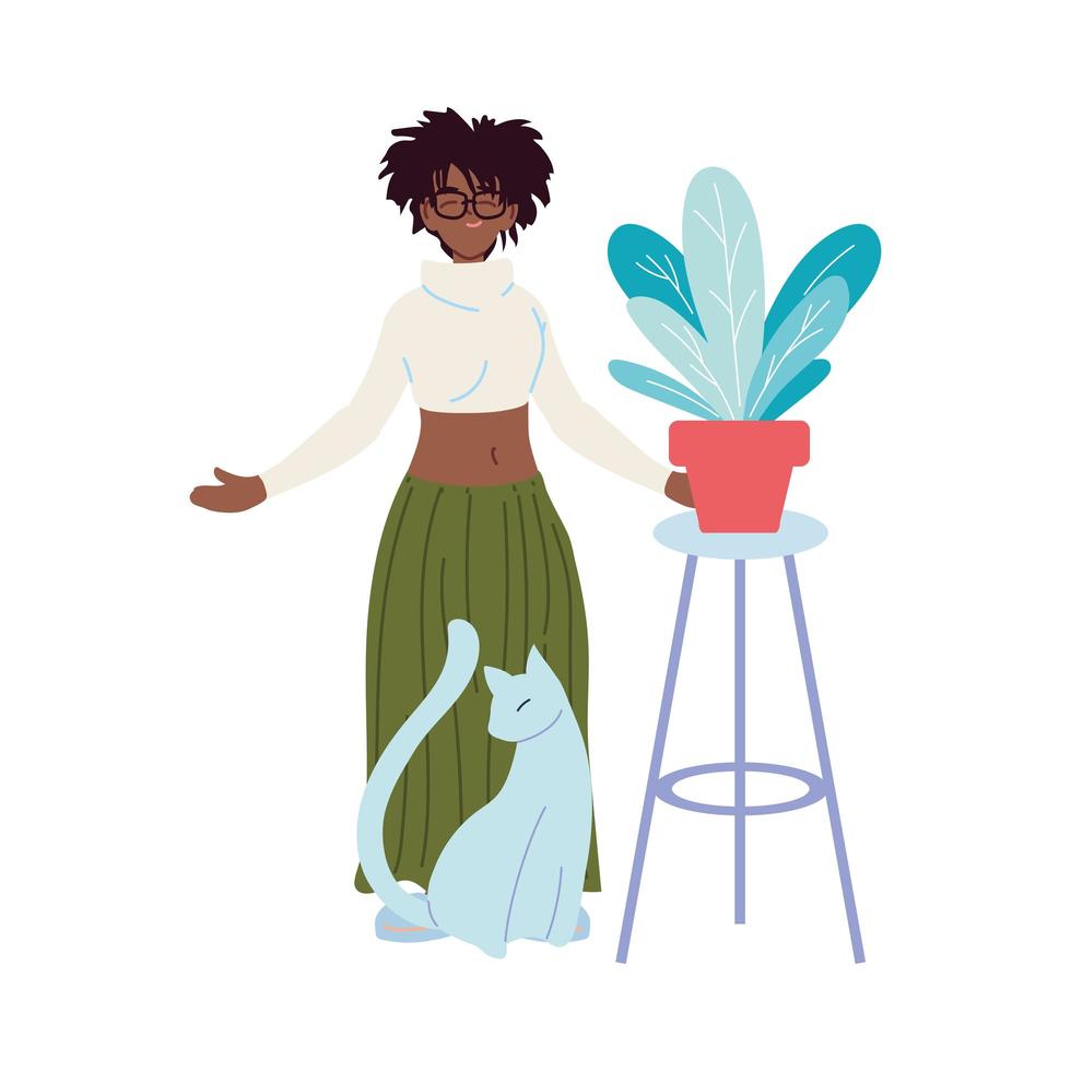 zwarte vrouw cartoon met kat en plant vector ontwerp