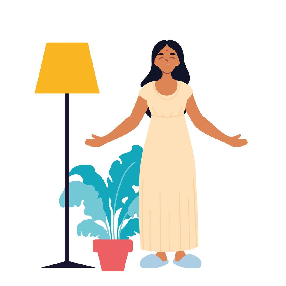 Indiase vrouw cartoon met plant en lamp vector ontwerp