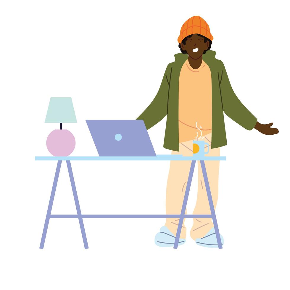 zwarte man cartoon met laptop op bureau vector ontwerp
