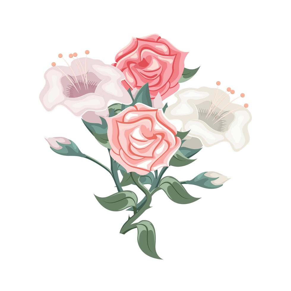 set rozen en roze, witte en paarse tulpen. bloemstuk vector