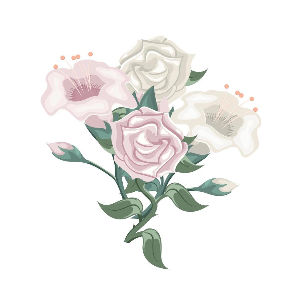 set van witte en paarse rozen en tulpen. bloemstuk vector