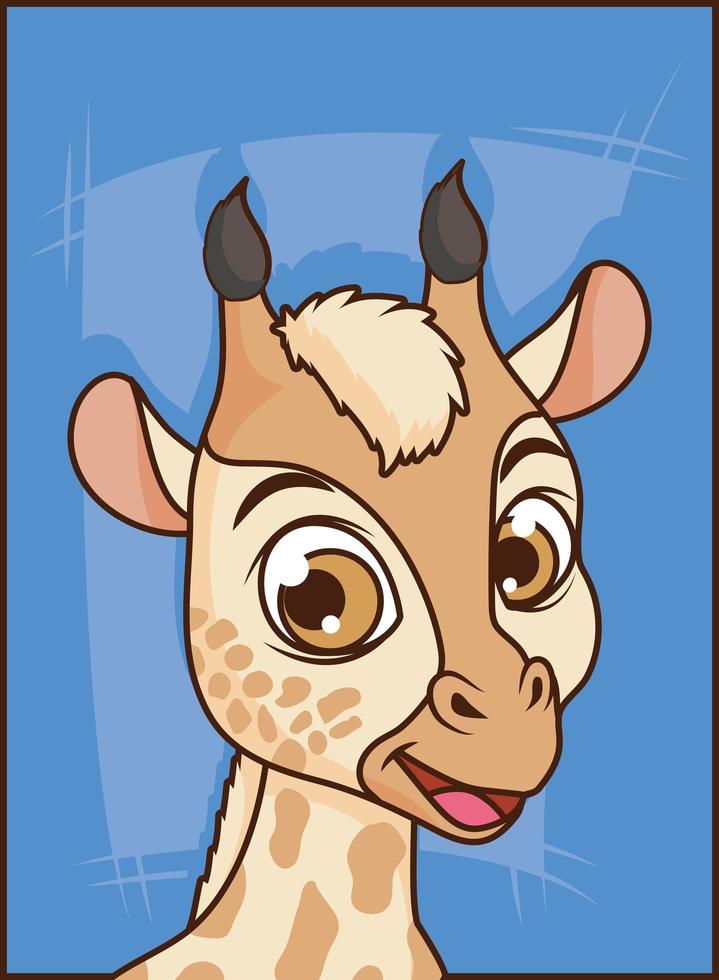 schattige baby giraffe stripfiguur op blauwe achtergrond vector