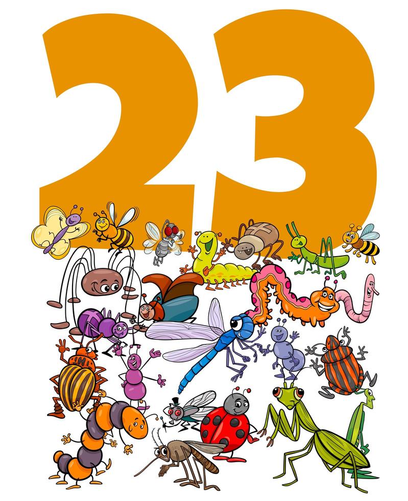 nummer drieëntwintig en cartoon insecten groep vector