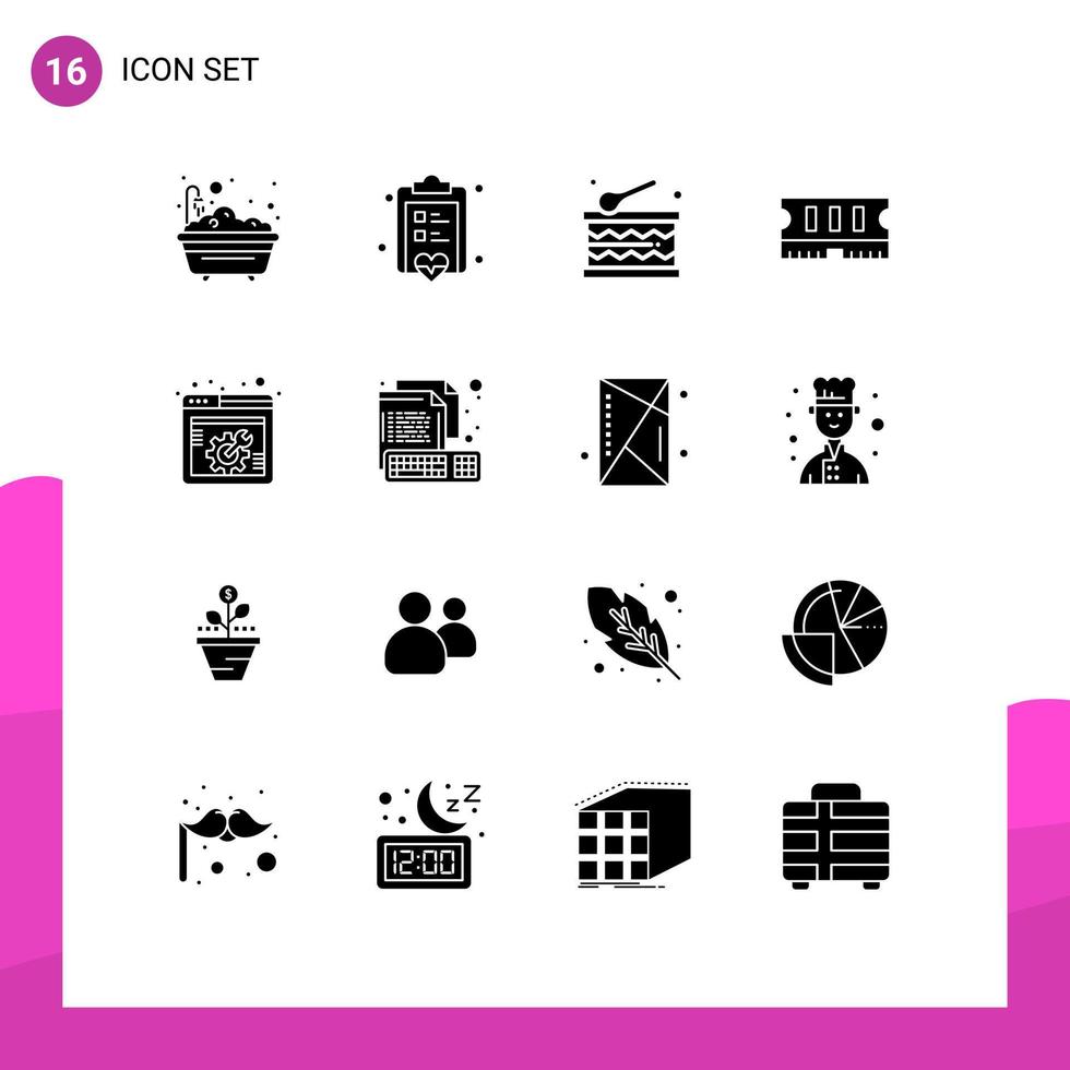 16 solide glyph concept voor websites mobiel en apps webpagina web opties viering moersleutel geheugen bewerkbare vector ontwerp elementen