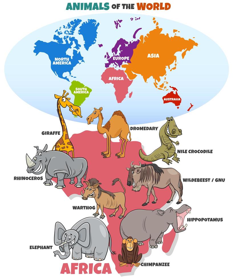 educatieve illustratie met Afrikaanse dieren en continenten vector
