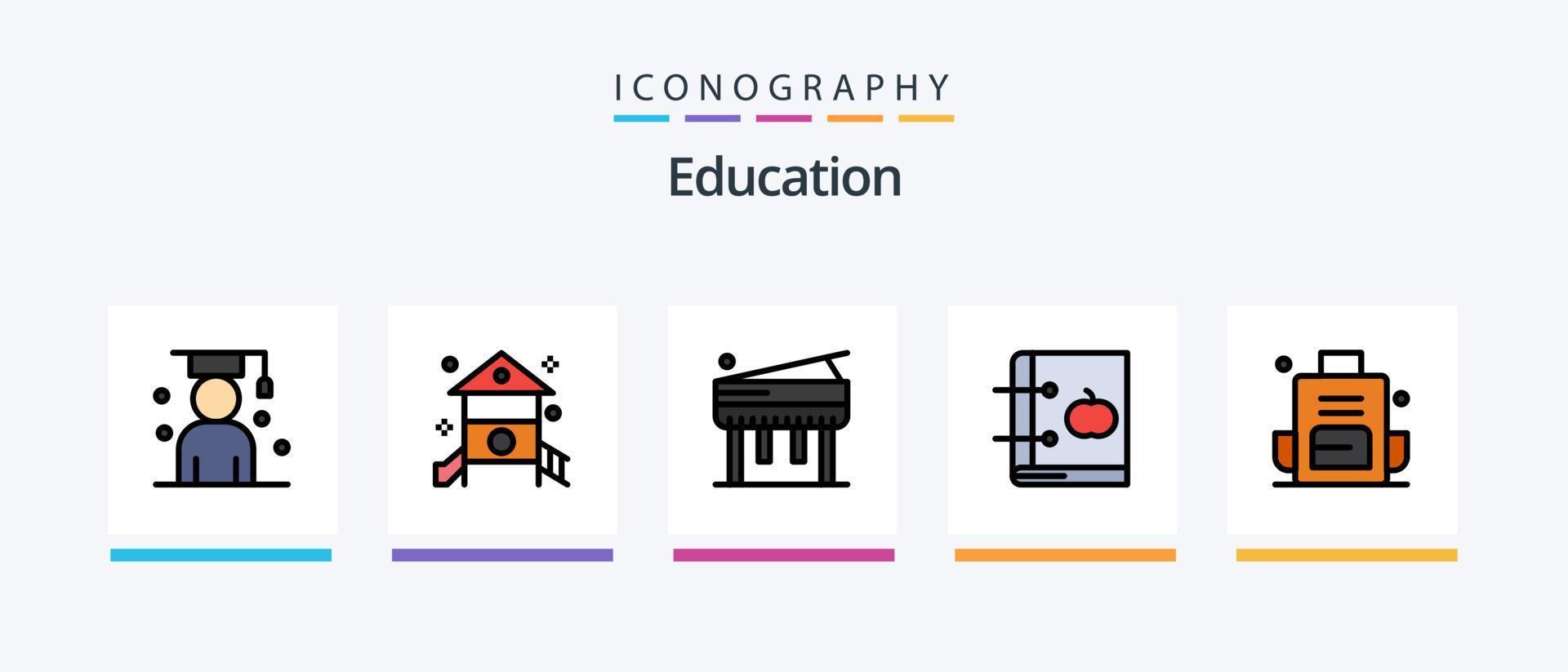 onderwijs lijn gevulde 5 icoon pak inclusief tas. rugzak. laptop. muziek. gitaar. creatief pictogrammen ontwerp vector