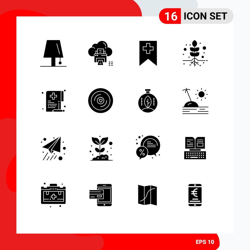 modern reeks van 16 solide glyphs pictogram van Gezondheid wortels printer wortel media bewerkbare vector ontwerp elementen