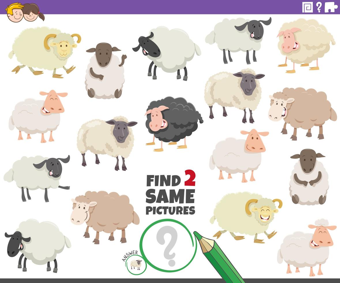 vind twee dezelfde schapen educatief spel voor kinderen vector