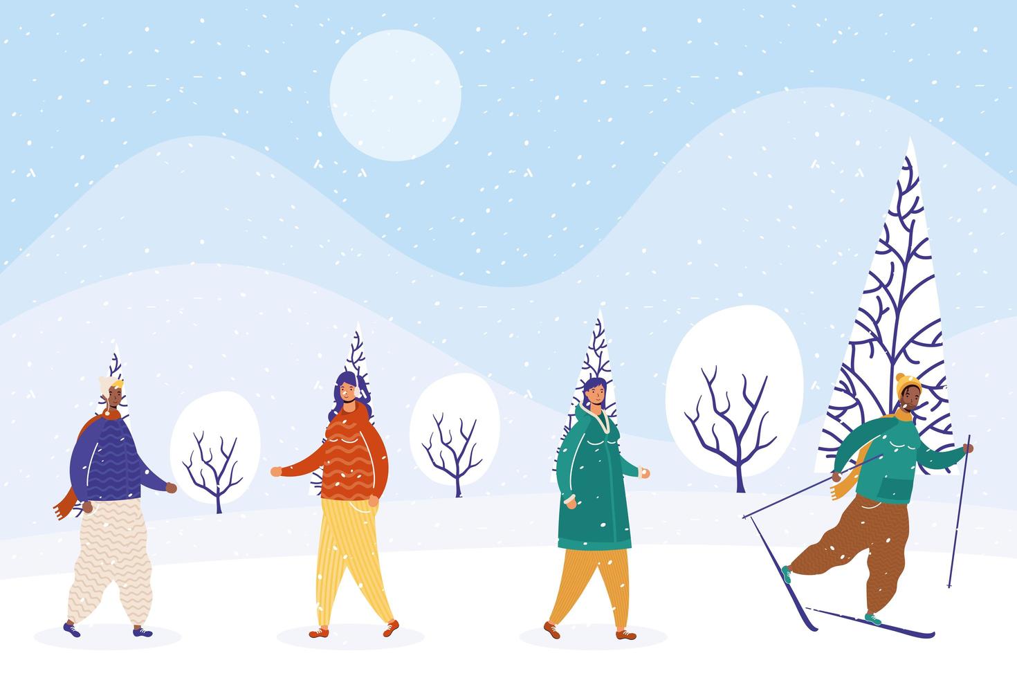 interraciale groep mensen het dragen van winterkleren en skiën vector
