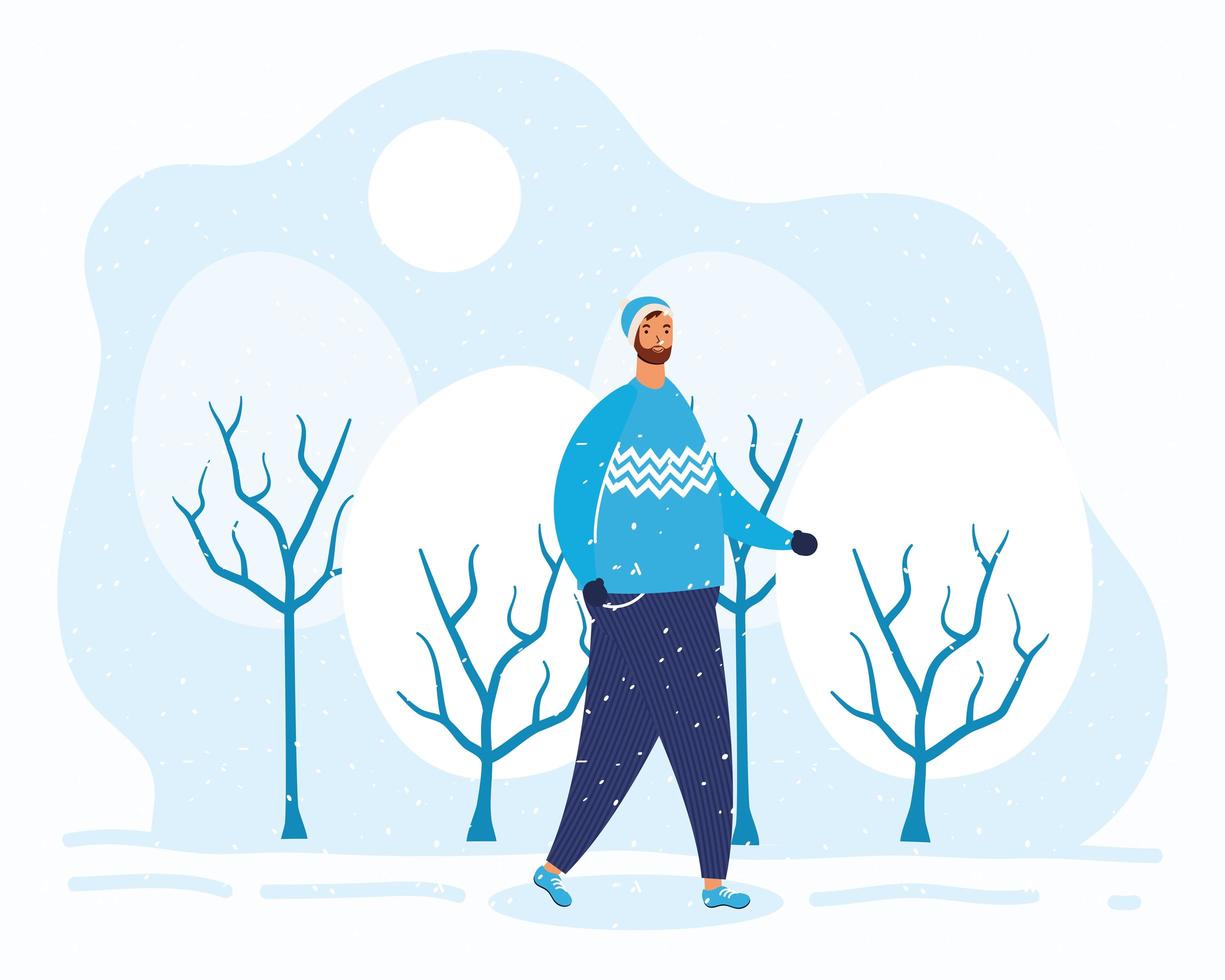 jonge man met baard in winterkleren in het snowscape-karakter vector