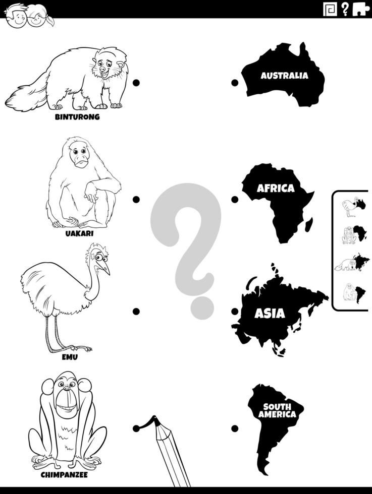 match dieren en continenten kleurenboekpagina vector