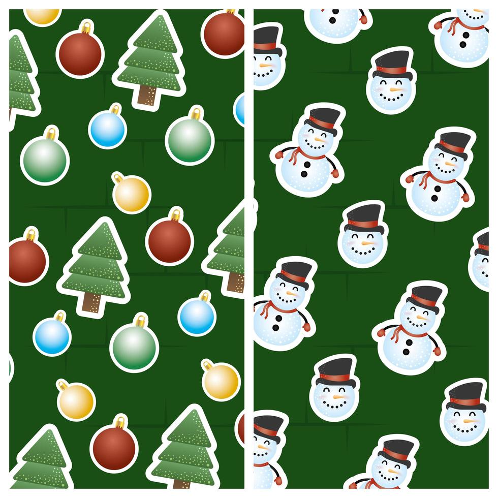 vrolijke kerstkaart met sneeuwpop en bomen vector