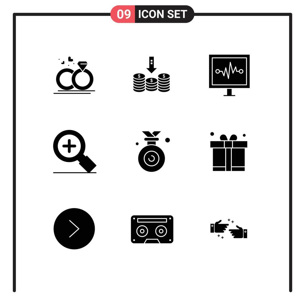 groep van 9 modern solide glyphs reeks voor olympisch zoeken pijl plus pulse lijn bewerkbare vector ontwerp elementen