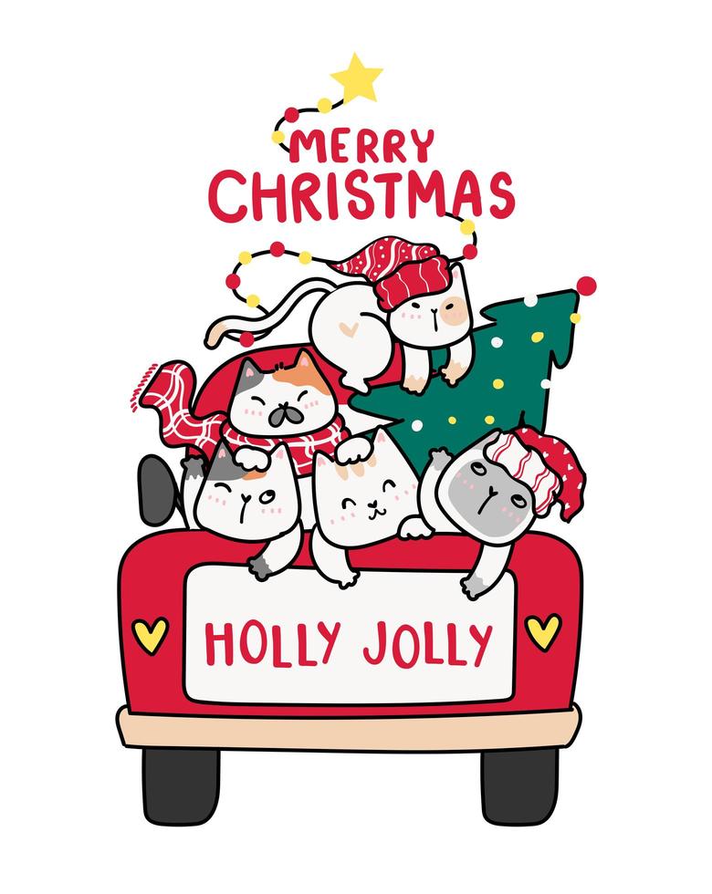 schattige gelukkige katten met kerstboom op rode vrachtwagen vector