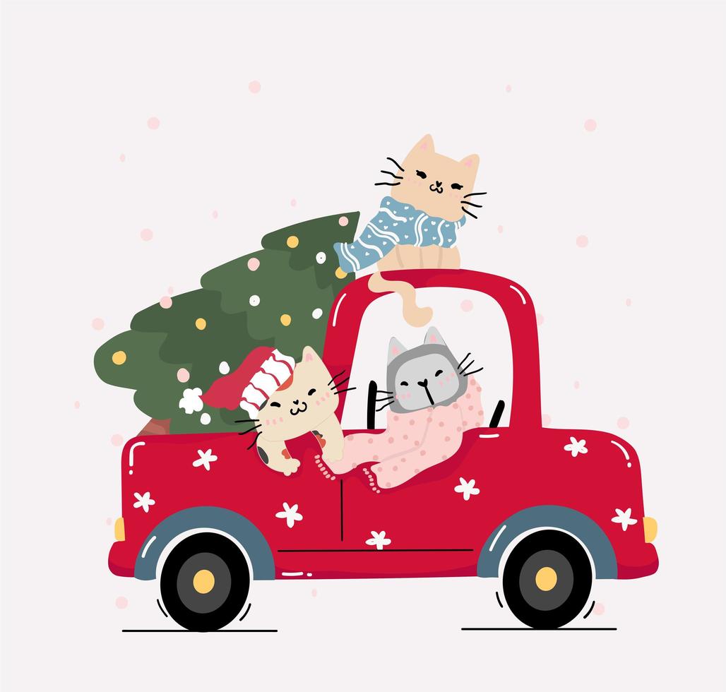 schattige gelukkige katten met kerstboom op een rode vrachtwagen vector