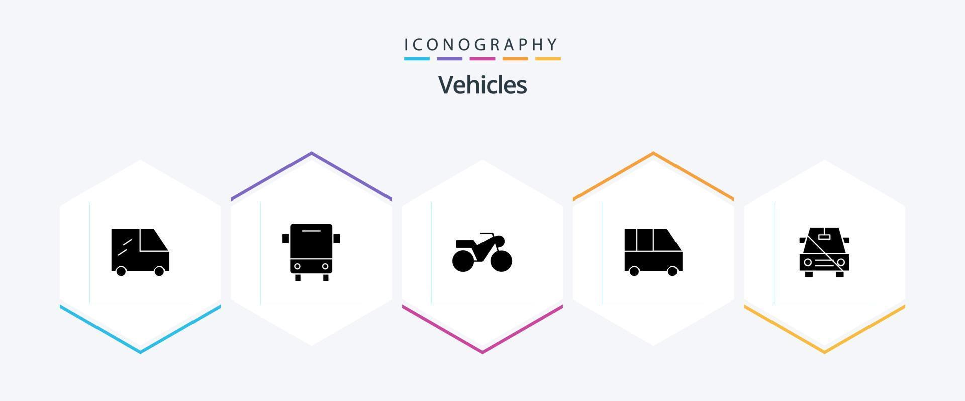 voertuigen 25 glyph icoon pak inclusief schuine streep. Nee. motorfiets. gehandicapt. passagier busje vector