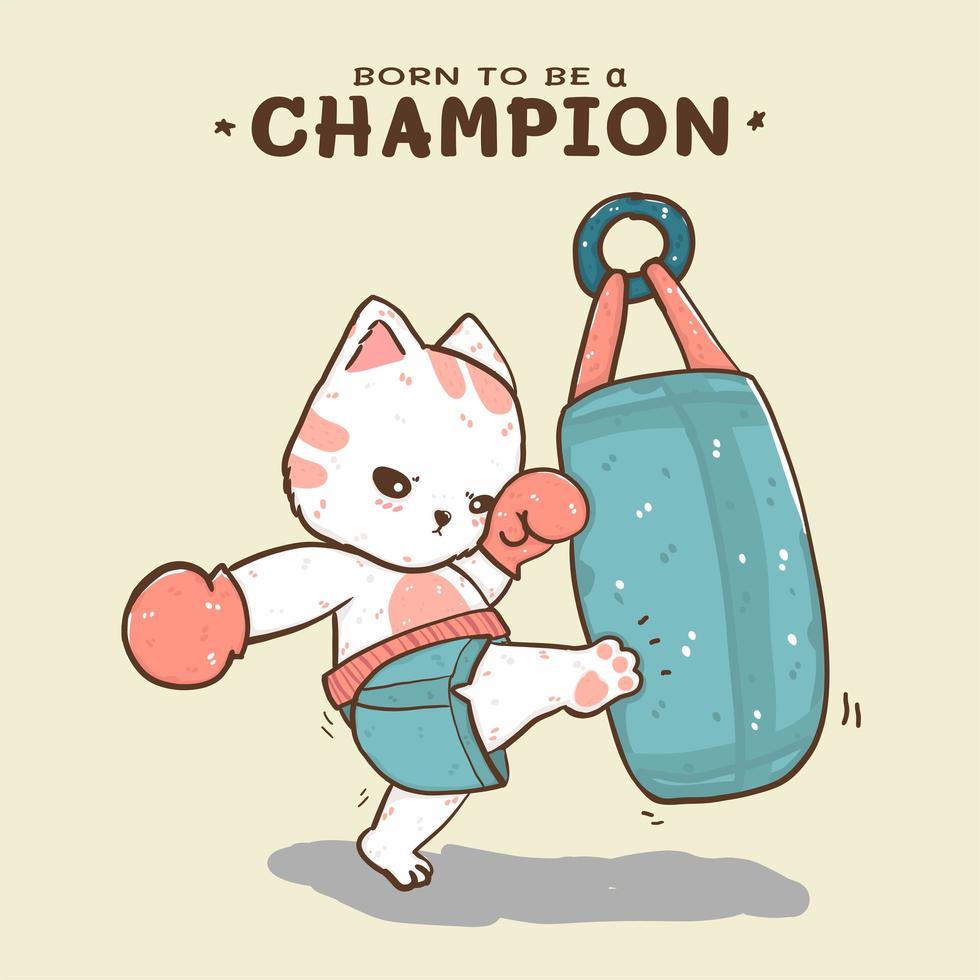 schattige kat kickboksen een zandzak en geboren om een kampioen te worden belettering vector