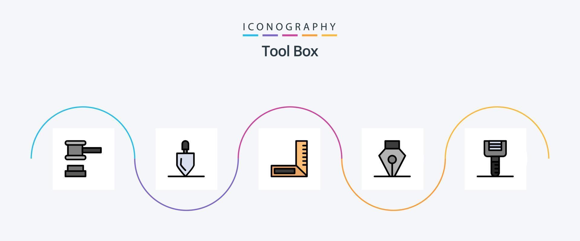 gereedschap lijn gevulde vlak 5 icoon pak inclusief hulpmiddelen. keukengerei. timmerman. voedsel. pen vector
