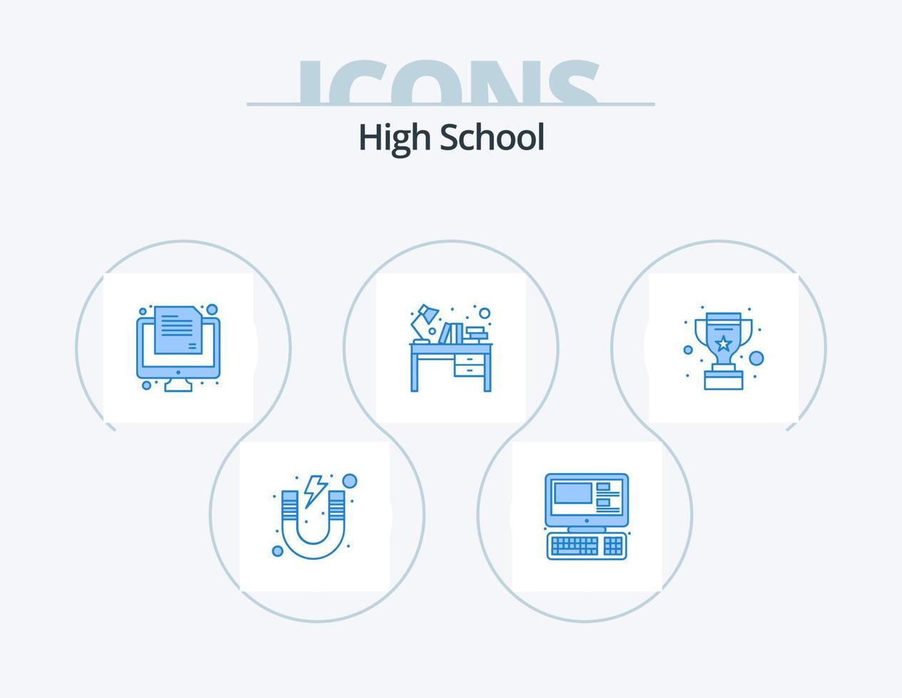 hoog school- blauw icoon pak 5 icoon ontwerp. studie tafel. interieur. onderwijs. bureau. papier vector