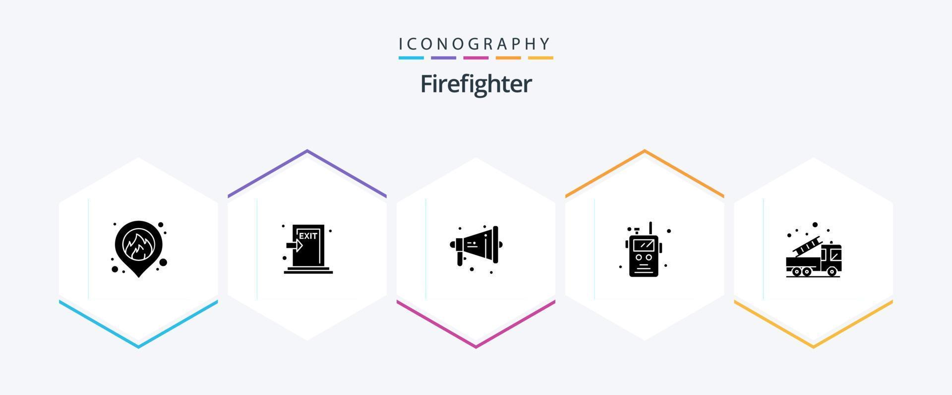 brandweerman 25 glyph icoon pak inclusief noodgeval. brand. luid. walkie talkie. Politie radio vector