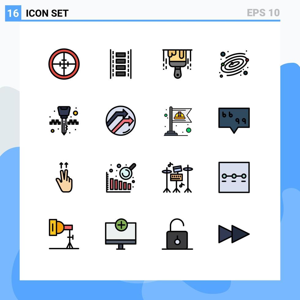 groep van 16 vlak kleur gevulde lijnen tekens en symbolen voor sleutel keten uitrusting filmstrip ruimte astronomie bewerkbare creatief vector ontwerp elementen