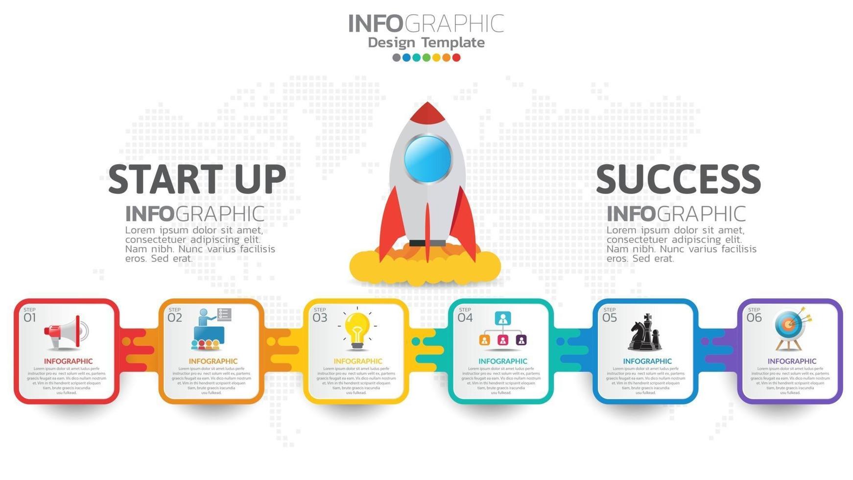 6 stappen opstarten infographics met raketlancering. zakelijke en financiële concept. vector