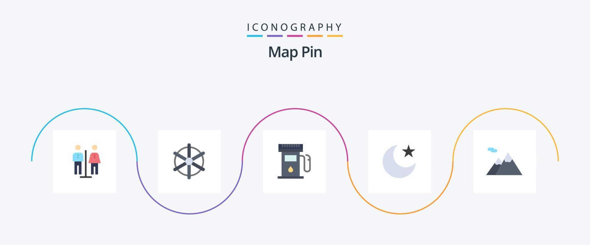 kaart pin vlak 5 icoon pak inclusief bergen. camping. gas. nacht. maan vector