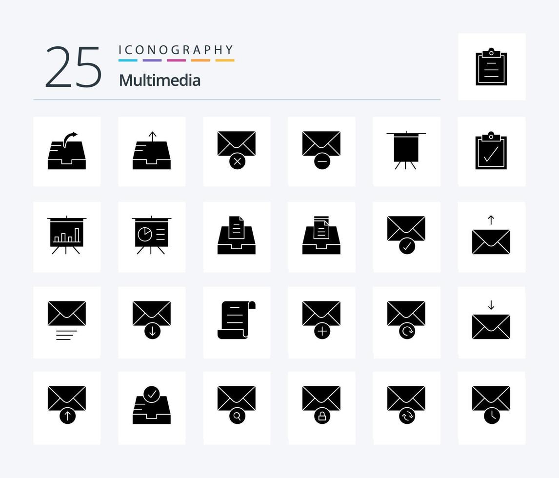 multimedia 25 solide glyph icoon pak inclusief postvak IN. bord. bericht. analyses. compleet vector