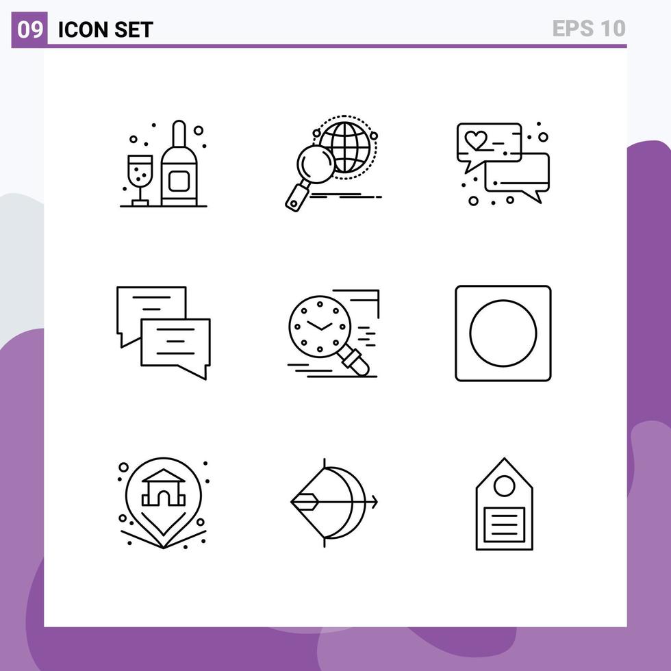 9 universeel contouren reeks voor web en mobiel toepassingen geschiedenis vergrootglas liefde babbelen zoeken onderwijs bewerkbare vector ontwerp elementen
