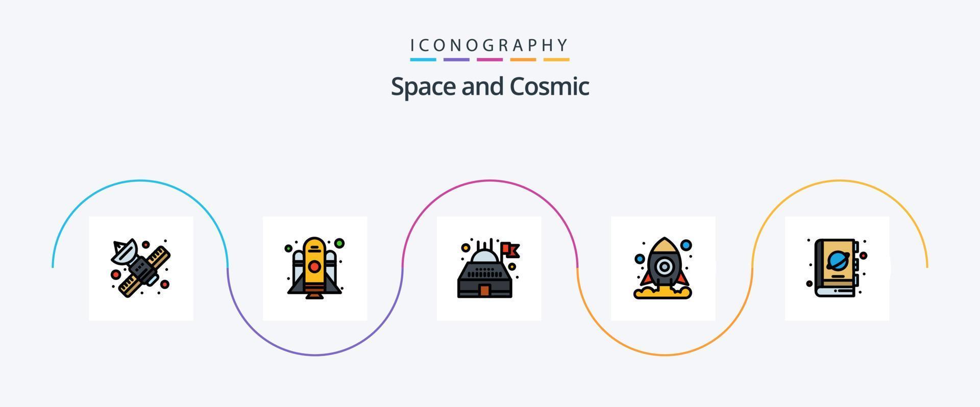 ruimte lijn gevulde vlak 5 icoon pak inclusief wetenschap. fictie. gebouw. boek. shuttle vector