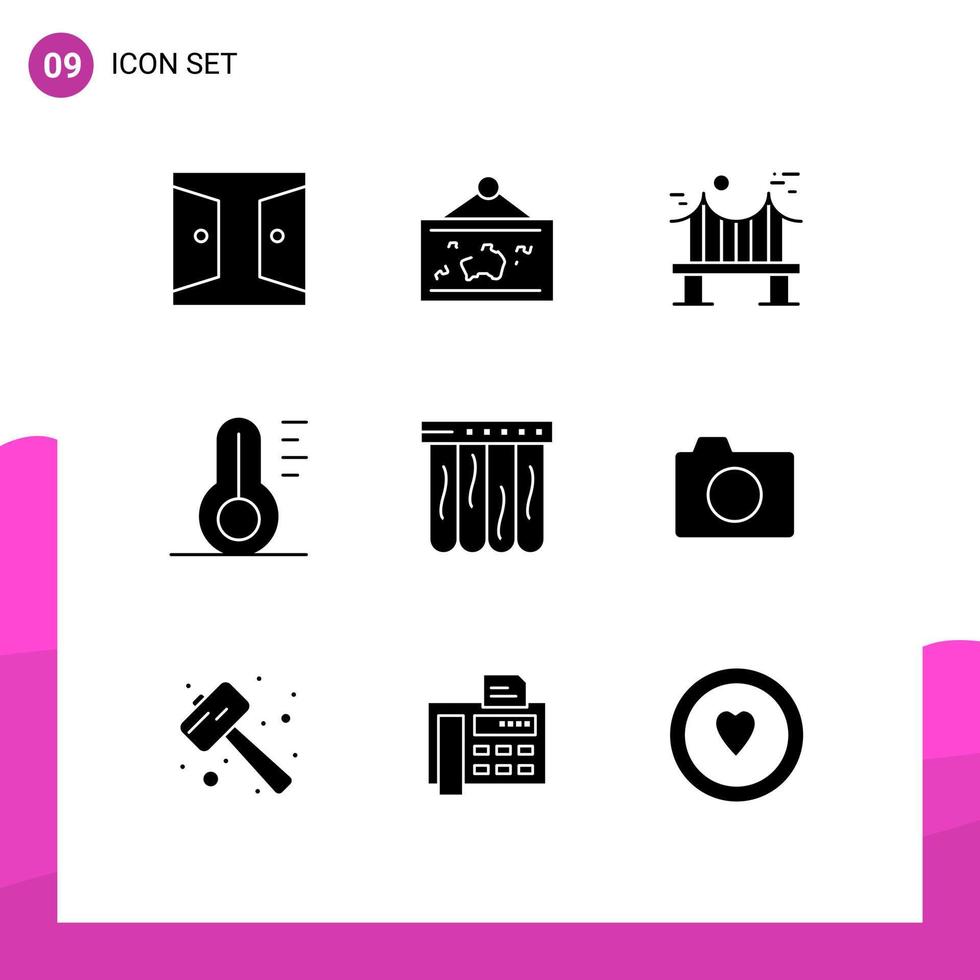 modern reeks van 9 solide glyphs pictogram van thermometer natuur foto weg metaal bewerkbare vector ontwerp elementen