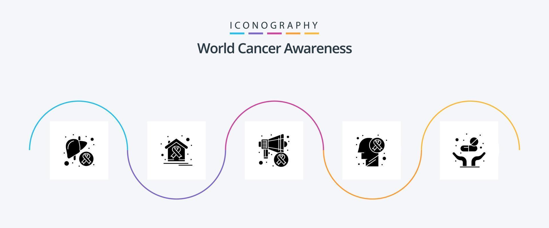 wereld kanker bewustzijn glyph 5 icoon pak inclusief ziekte. hersenen tumor. Gezondheid. hersenen ziekte. kanker dag vector