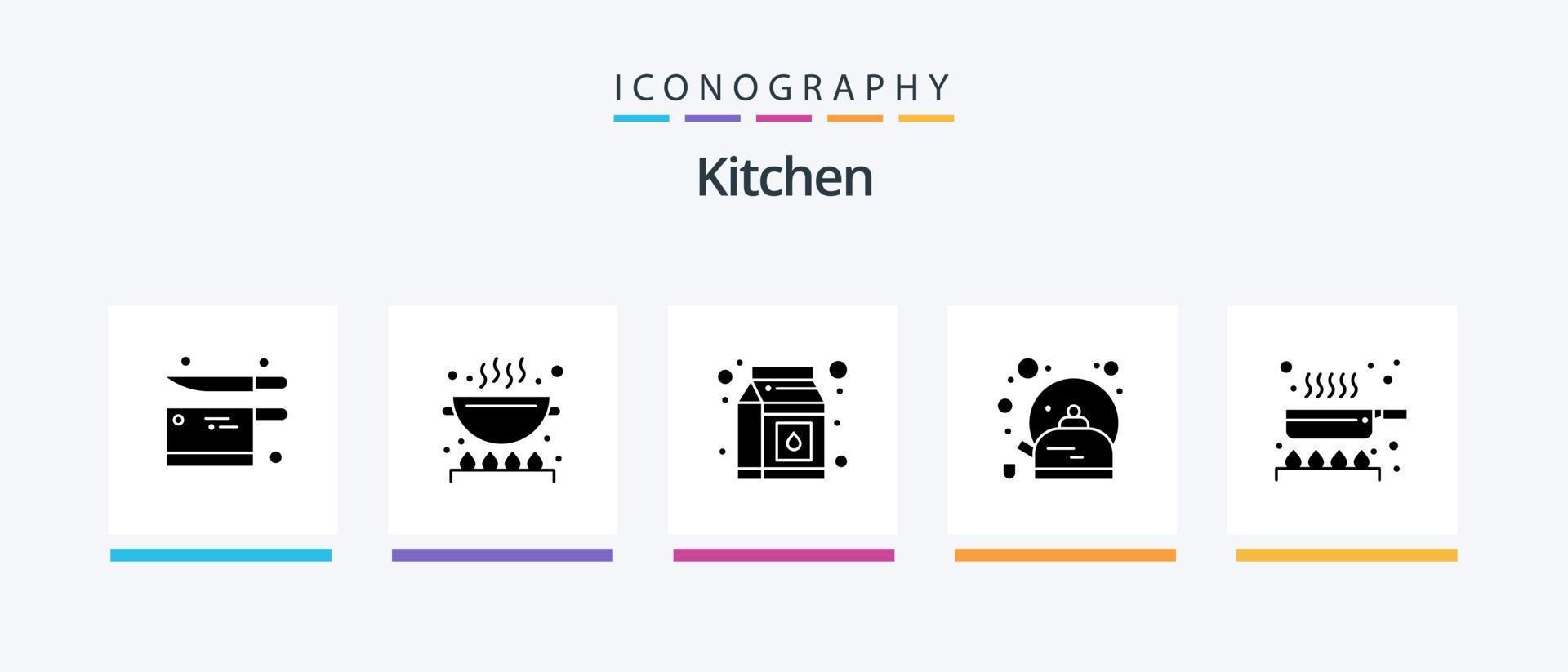 keuken glyph 5 icoon pak inclusief frituren pan. koken. melk. beker. pot. creatief pictogrammen ontwerp vector