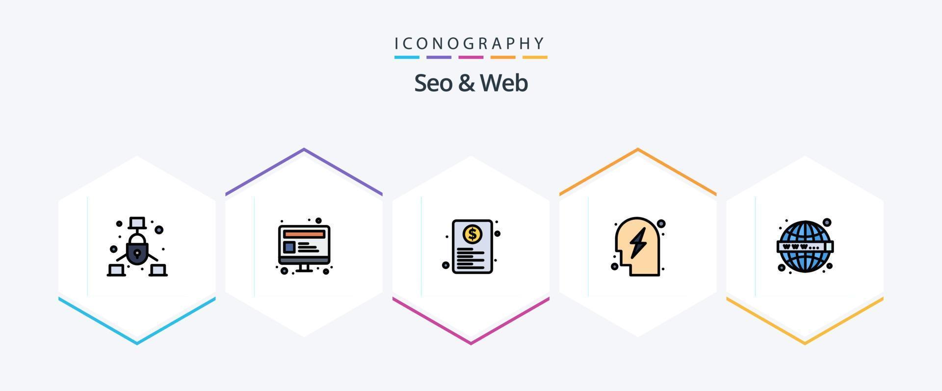 seo en web 25 gevulde lijn icoon pak inclusief seo. strategie. document. planning. web vector