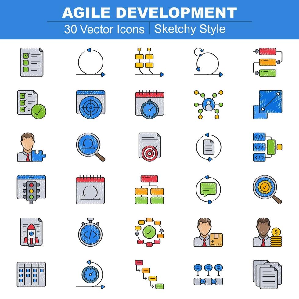 agile ontwikkeling pictogrammen schetsmatig vector