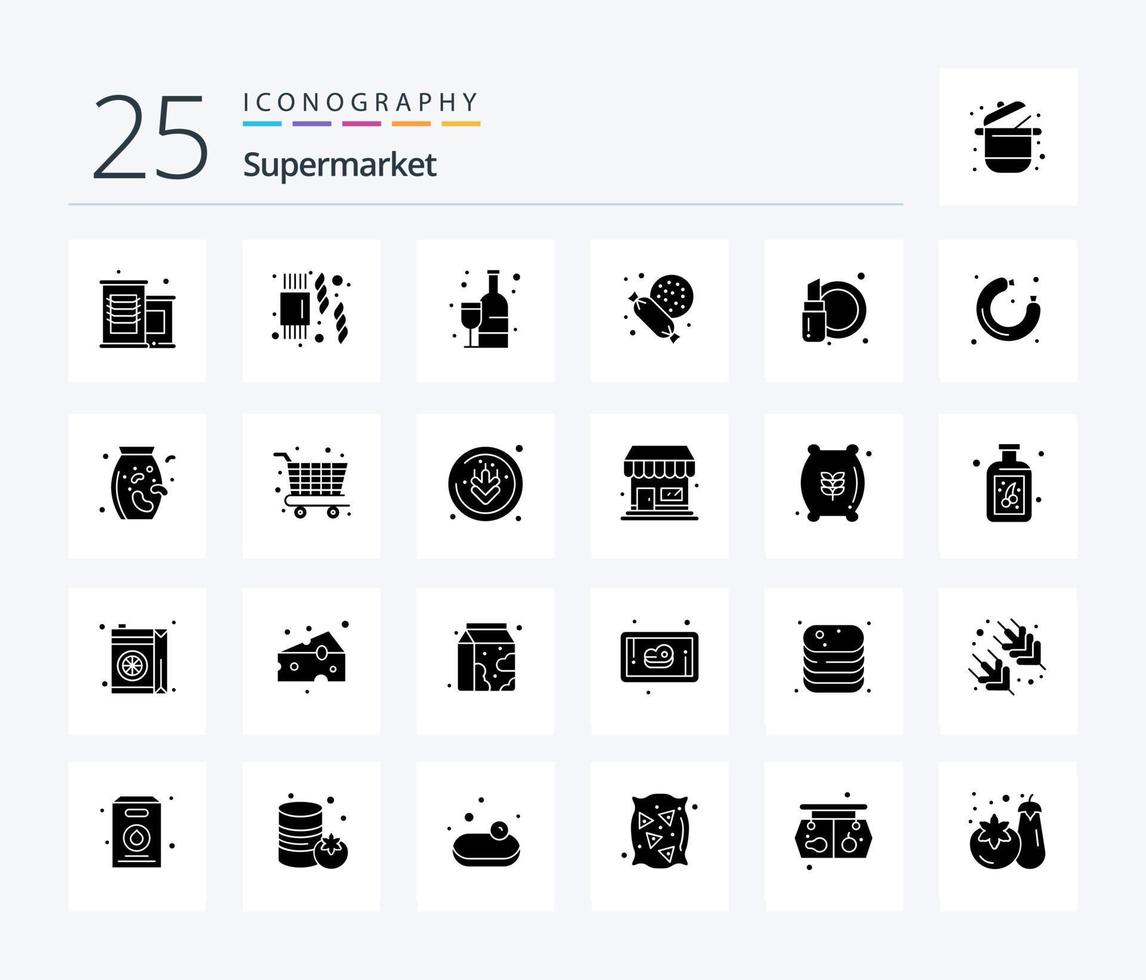 supermarkt 25 solide glyph icoon pak inclusief voedsel. cosmetica. alcoholisch. kunstmatig. snoep vector