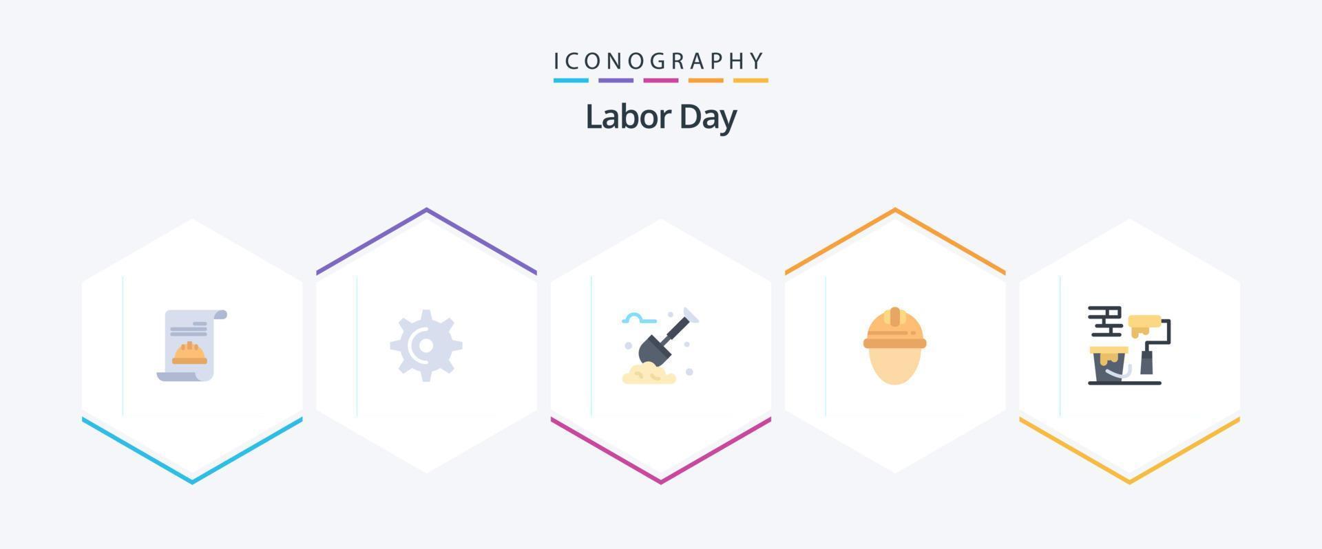 arbeid dag 25 vlak icoon pak inclusief verf borstel. arbeid. spade. helm. pet vector