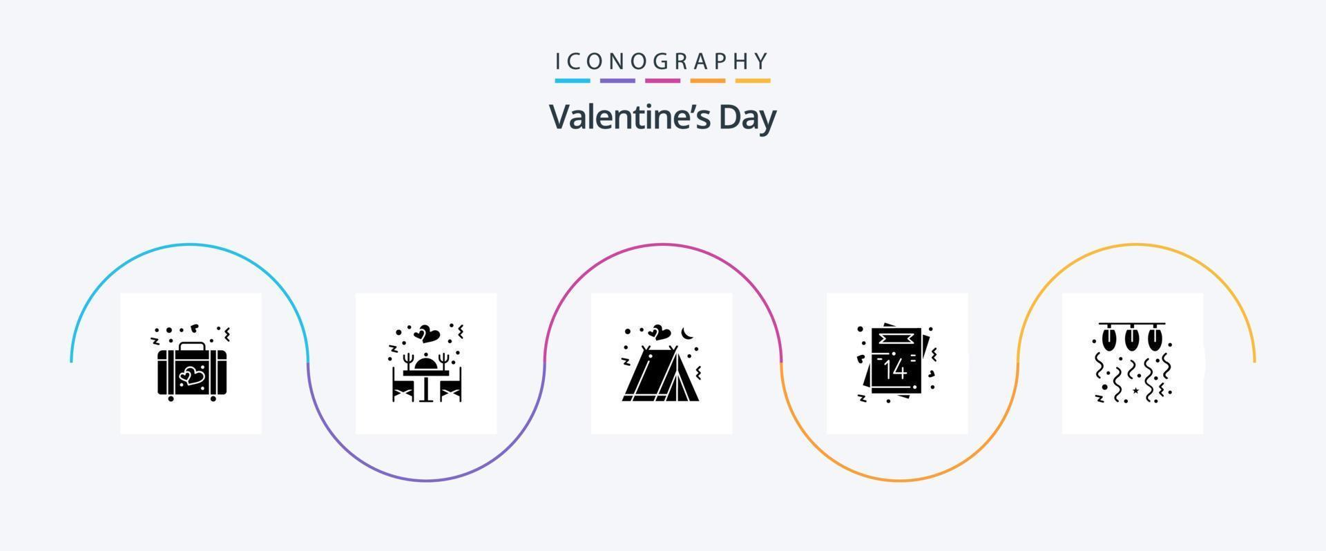 valentijnsdag dag glyph 5 icoon pak inclusief lamp. ansichtkaart. camping. liefde. hart vector