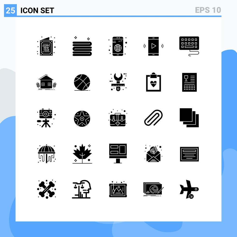 reeks van 25 reclame solide glyphs pak voor toetsenbord spreker app Open volume versterker bewerkbare vector ontwerp elementen