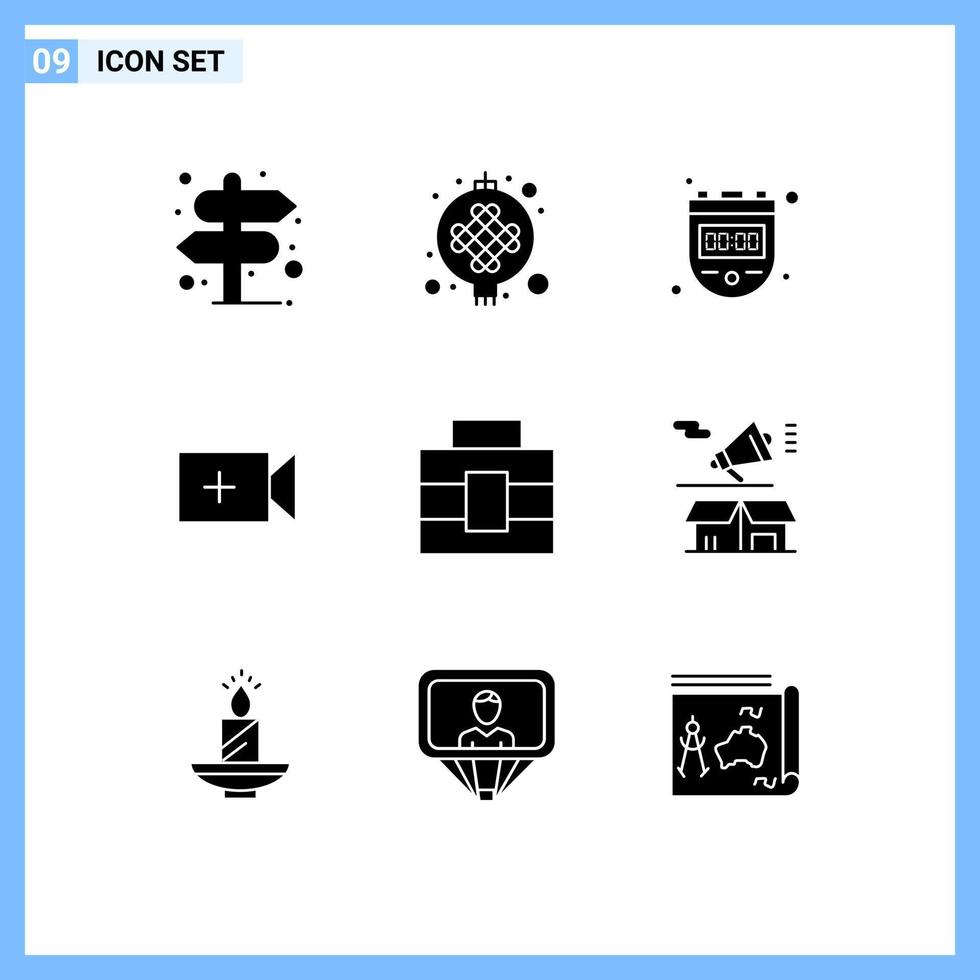 modern reeks van 9 solide glyphs pictogram van gereedschap aktentas chronometer ui video bewerkbare vector ontwerp elementen