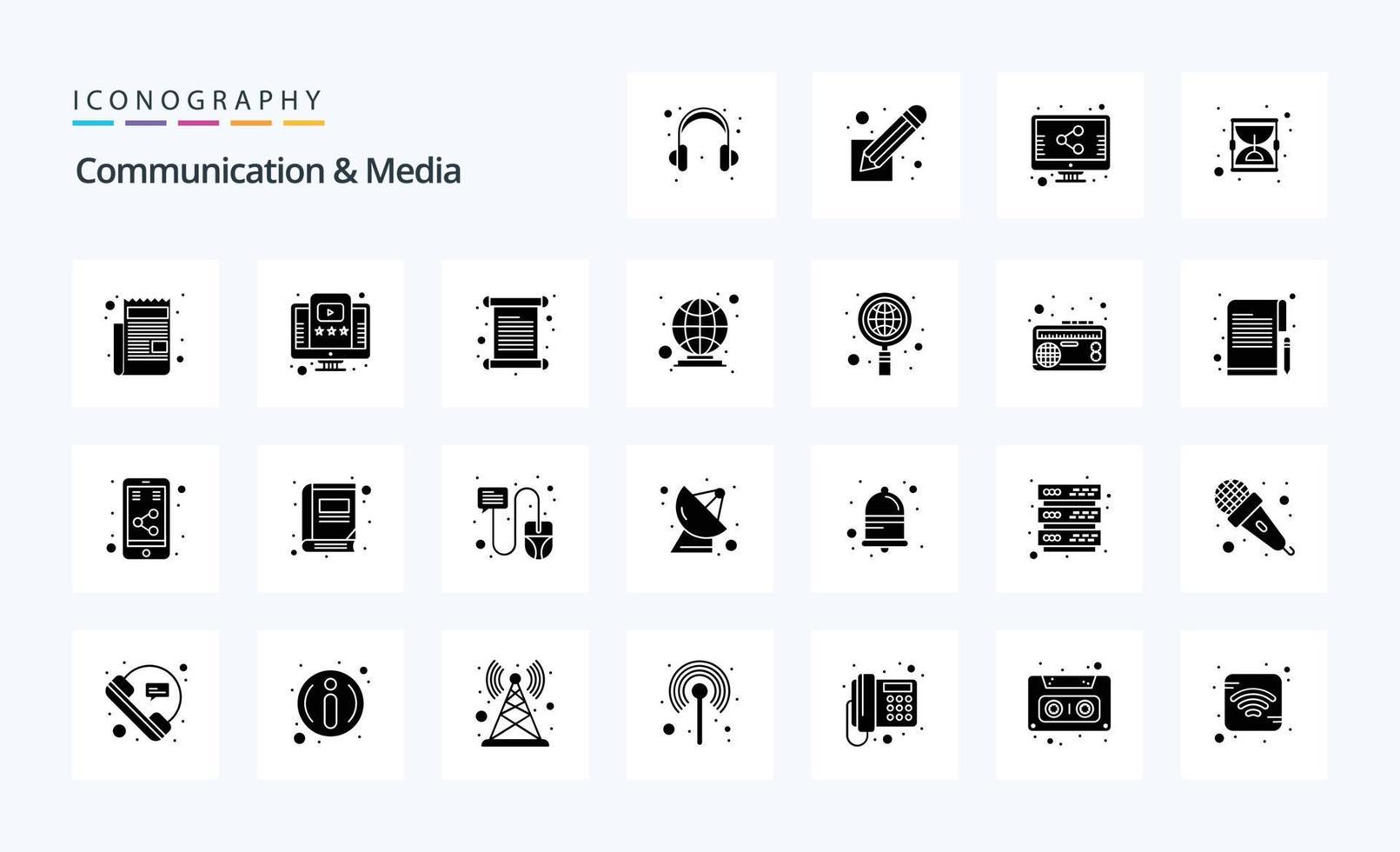 25 communicatie en media solide glyph icoon pak vector