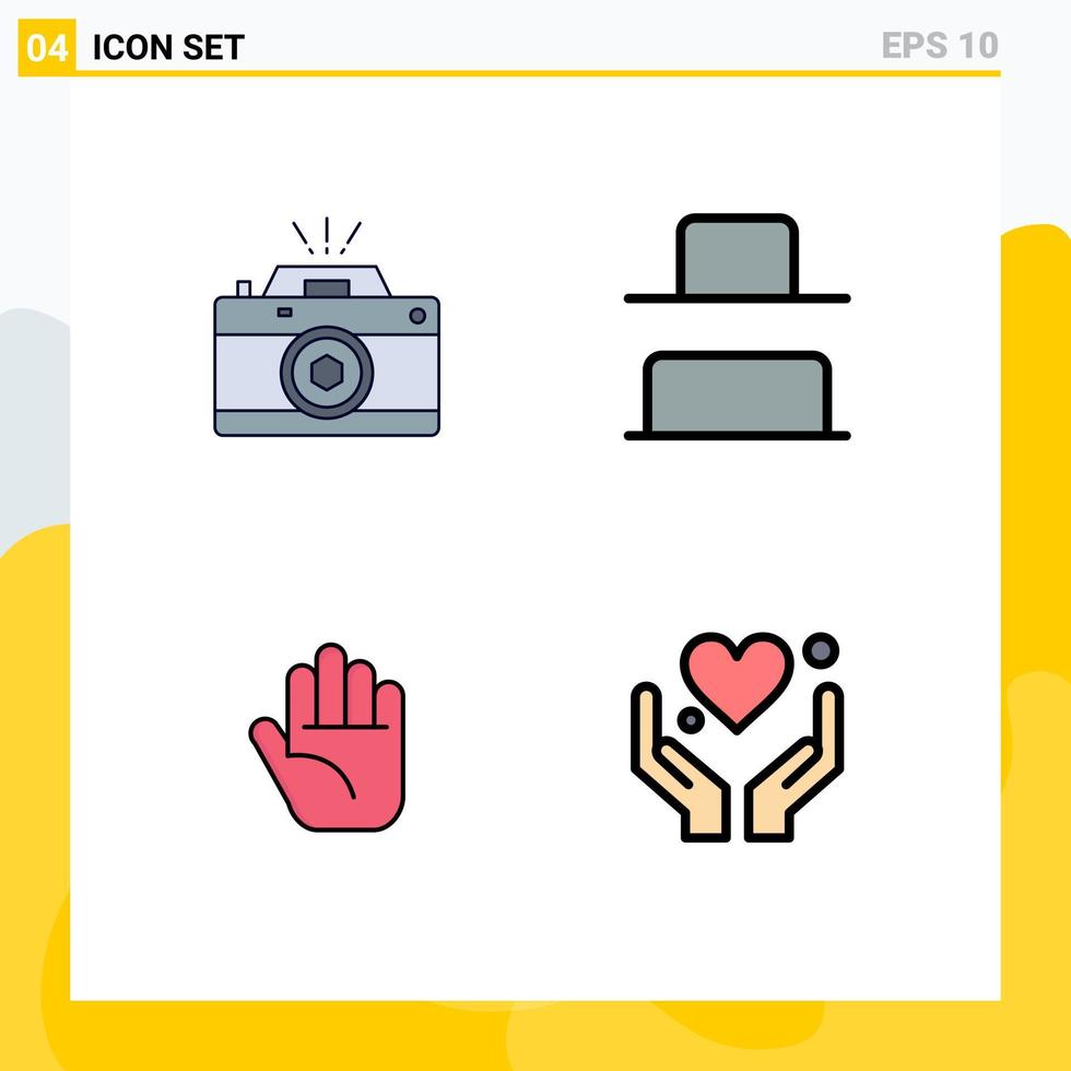 mobiel koppel gevulde lijn vlak kleur reeks van 4 pictogrammen van camera hand- foto verdelen hart bewerkbare vector ontwerp elementen