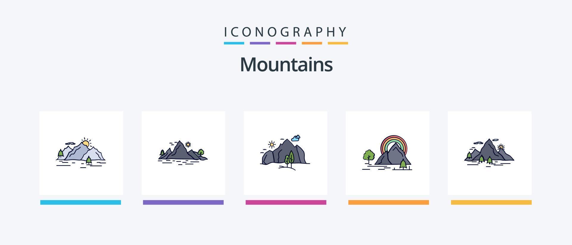 bergen lijn gevulde 5 icoon pak inclusief boom. zon. landschap. berg. landschap. creatief pictogrammen ontwerp vector