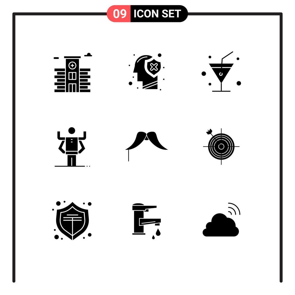 pictogram reeks van 9 gemakkelijk solide glyphs van mannetje hipster drinken snor multitasken bewerkbare vector ontwerp elementen