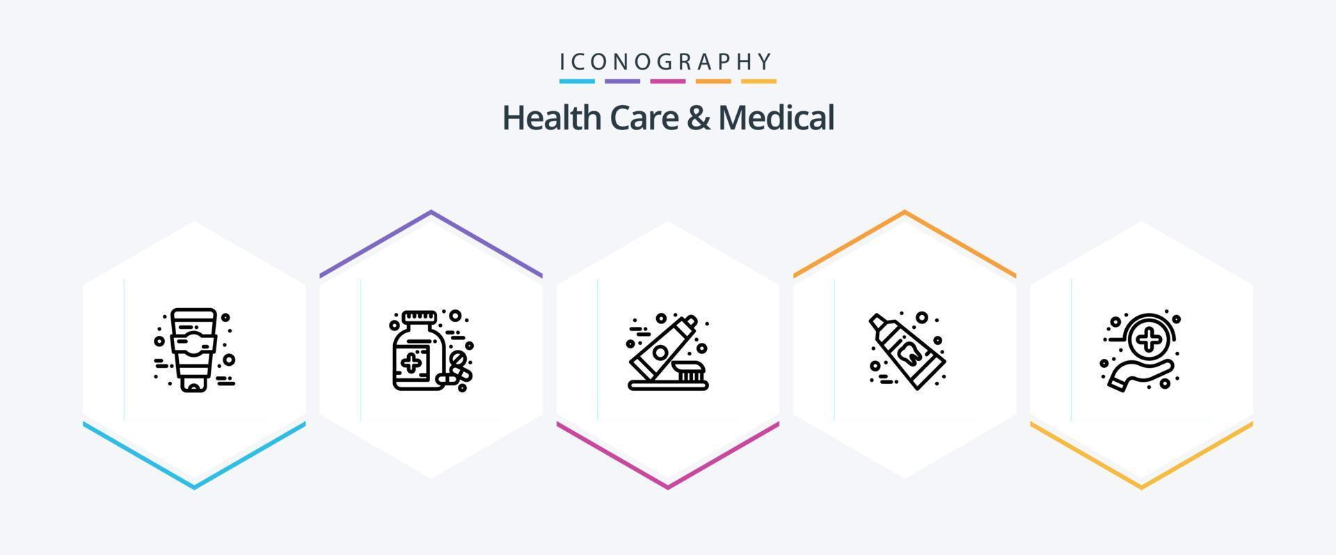 Gezondheid zorg en medisch 25 lijn icoon pak inclusief gezondheidszorg. zorg. tandenborstel. tandpasta. schoon vector