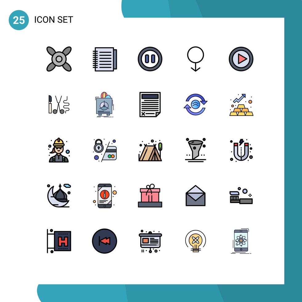 25 thematisch vector gevulde lijn vlak kleuren en bewerkbare symbolen van instrumenten Speel pauze muziek- controle bewerkbare vector ontwerp elementen